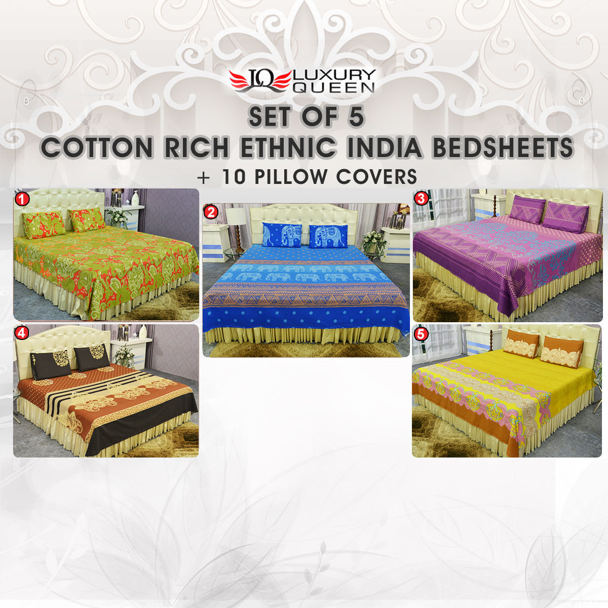 Buy Set of 5 Cotton Rich Ethnic India Bedsheets + 10 Pillow Covers